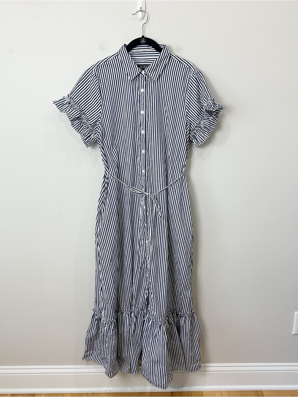 J.crew Amelia Shirtdress Navy White Vertical Stripe Belted Pockets - Picture 3 of 9